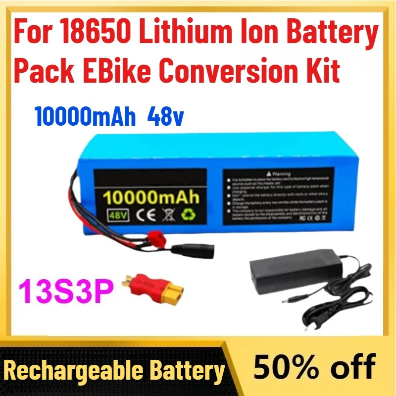 High-Capacity New 10000mAh 48V 13S3P Lithium Battery for 18650 Lithium Ion Battery Pack EBike Conversion Kit + Charger XT60 Plug