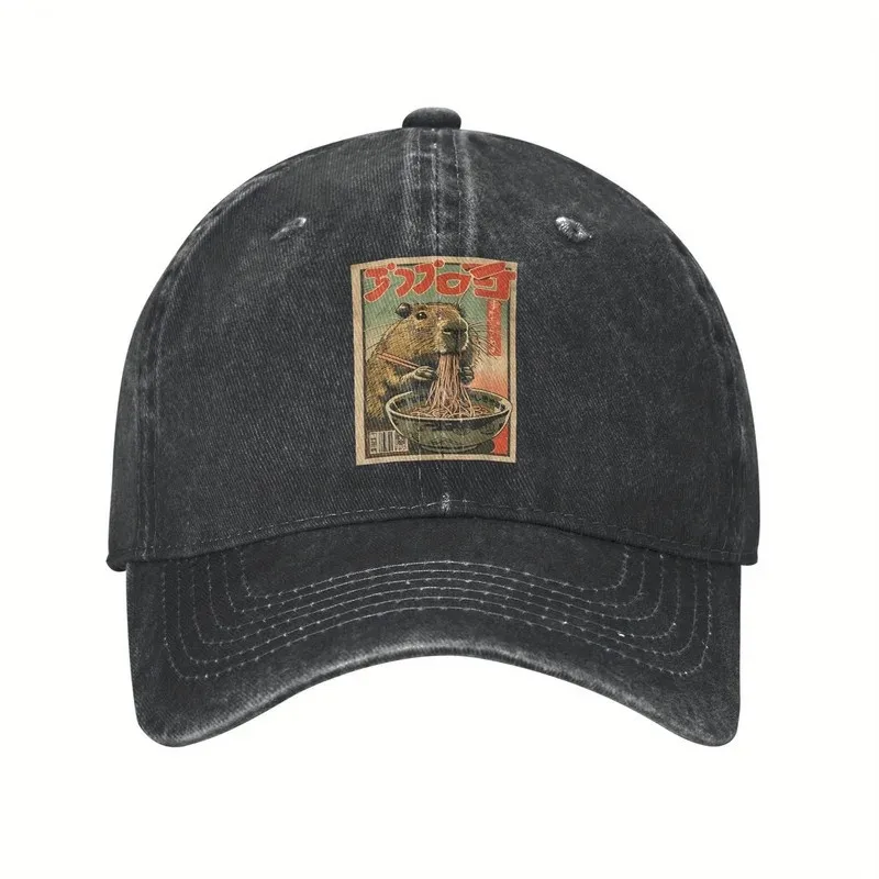 Capybara-Ramen-Graphic-Baseball-Cap,-Distressed-Washed-Cotton-Unisex-Casual-Hat-for-Teens