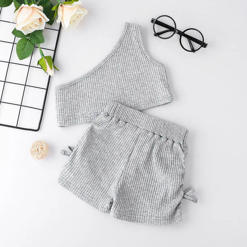 Baby Girls Summer Clothing Set 0-2Y Solid Color Camisole and Shorts Trendy Toddler 2pcs Suit Slanted Strap Top Infant Outfit