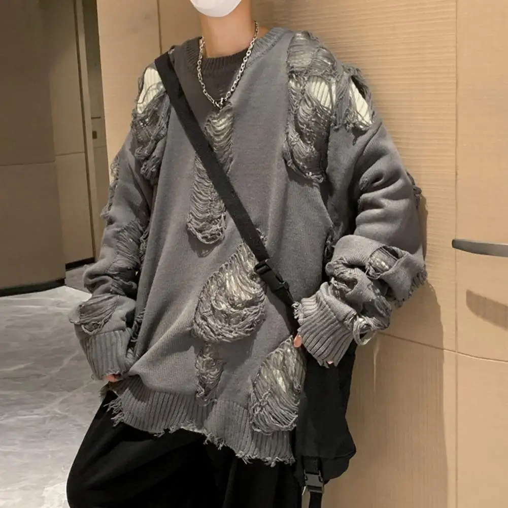 Solid Color Sweater Hop Inspired Men's Sweater with Ripped Design Solid Color Knitted Hollow Out Pattern Warm Stylish Streetwear