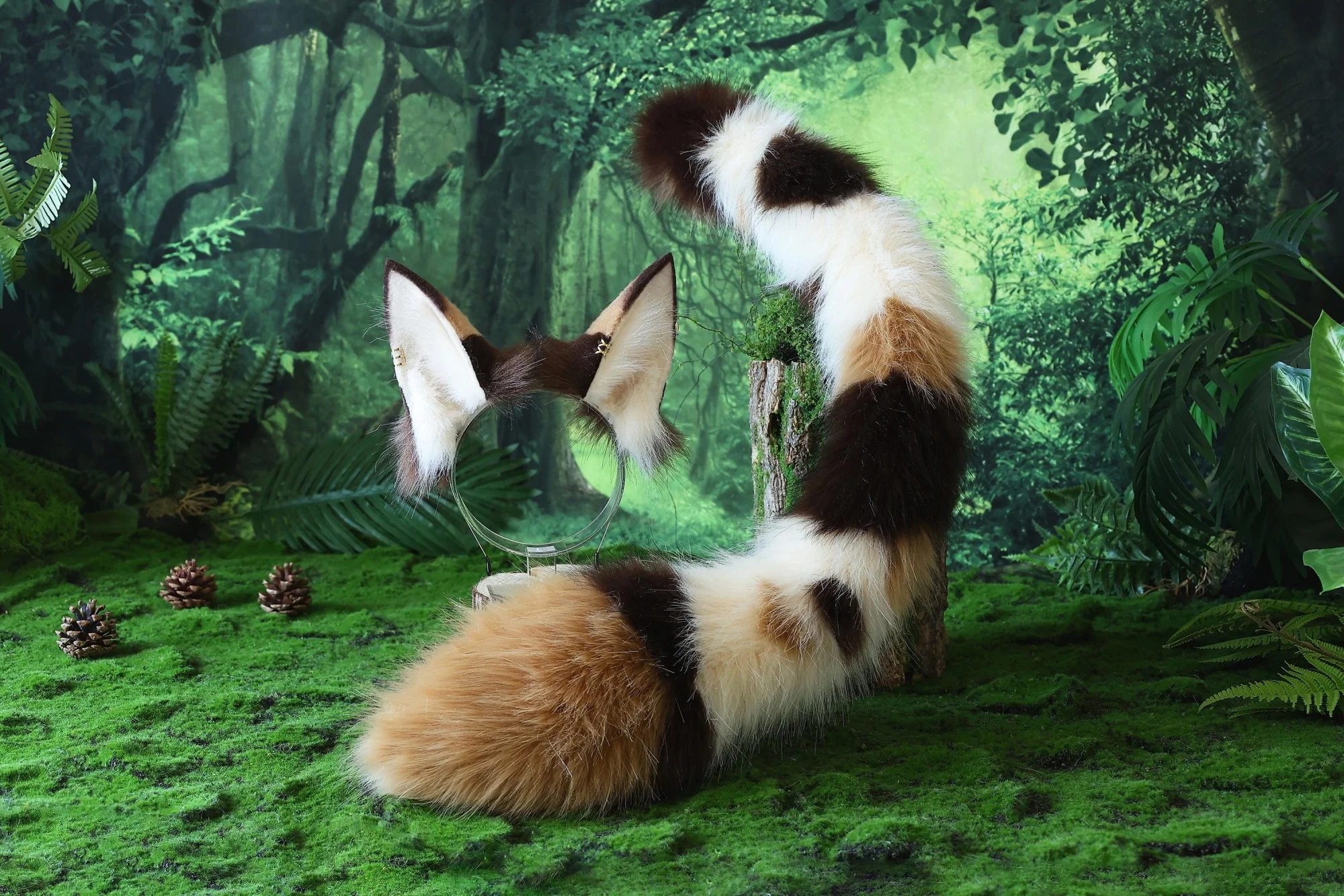 Faux fur tricolor cat ears and tail, curved wolf tail and ears, cat tail and ears, kitten ears and tail, anime character cosplay