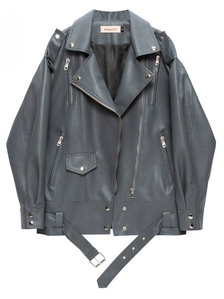 

Grey Leather Jacket Men Women 2025 Autumn New Loose Casual Long Coat Motorcycle Jacket