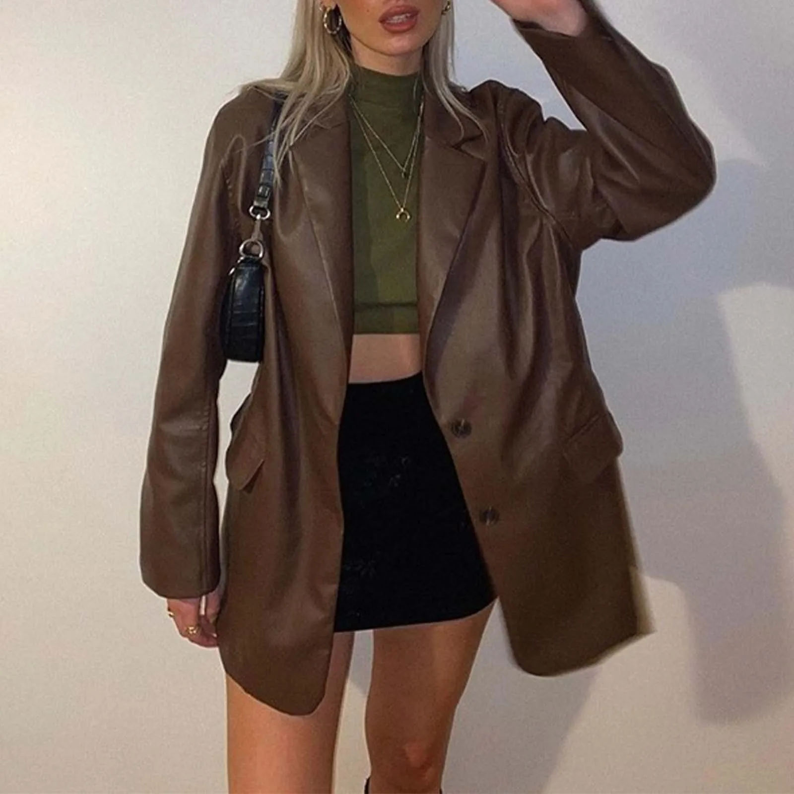 

Vintage Black High Quality Leather Loose Blazer Biker Coat Women Casual Long Sleeve Flap Pocket Suit Jacket Oversized Streetwear