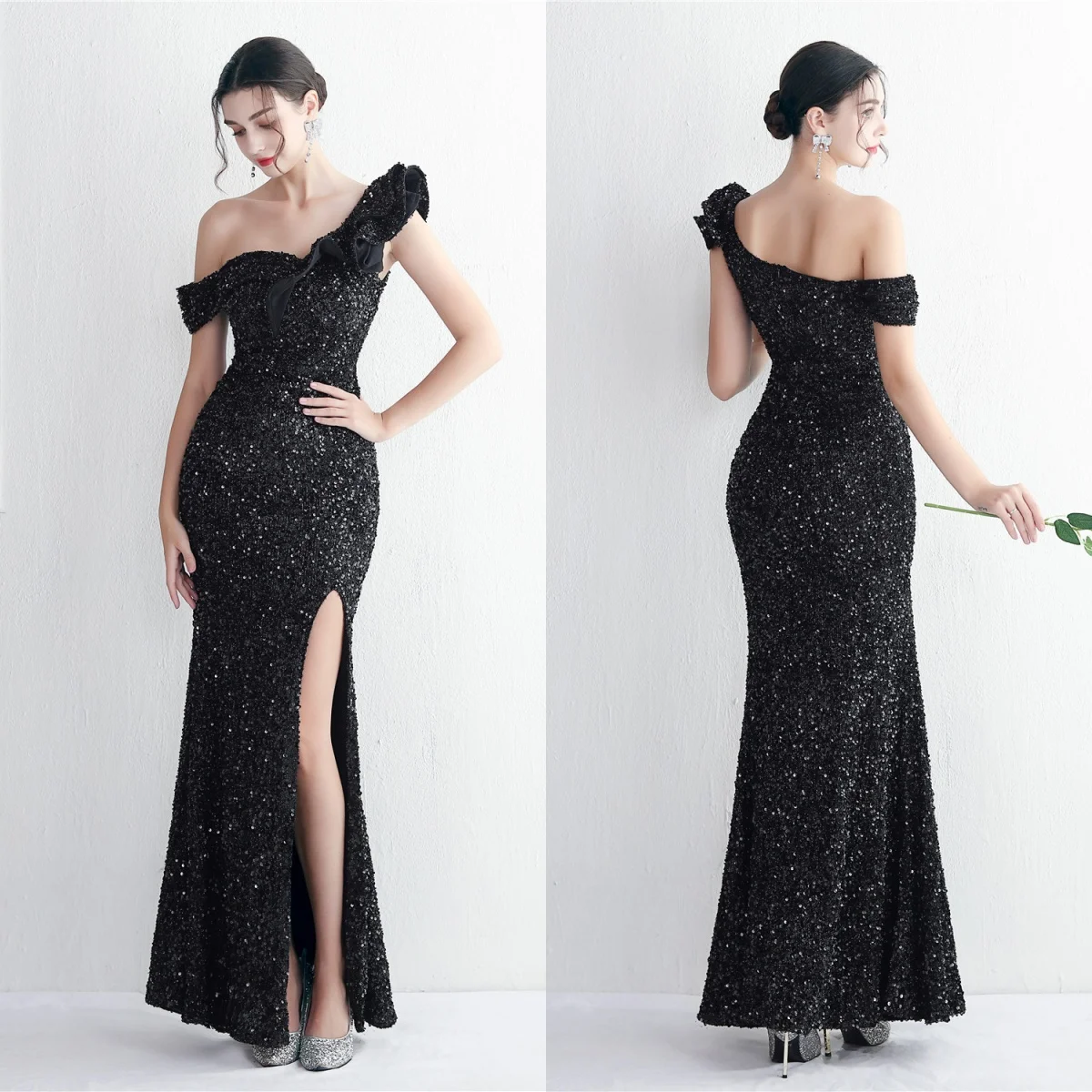 

Evening Dress Black Sequins Stretchy Off the Shoulder Ruffles Zipper Back Mermaid Trumpet Floor Length Women Party Formal Gown