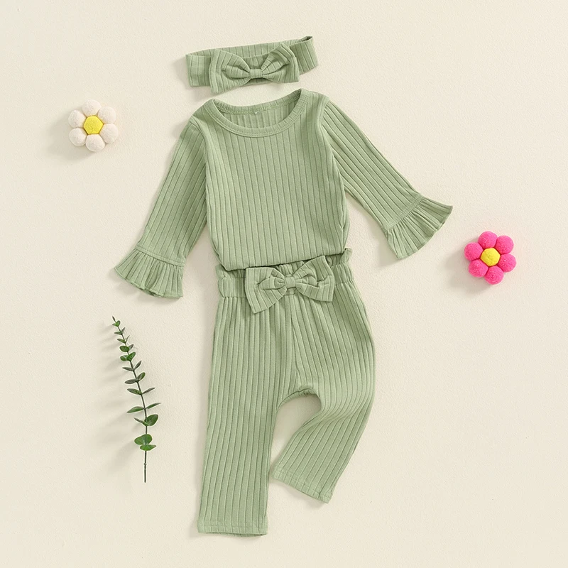 SUNSIOM 3PCS Toddler Girls Fall Clothes Sets Long Sleeve Round Neck Solid Color Tops Flared Pants Headband Sets