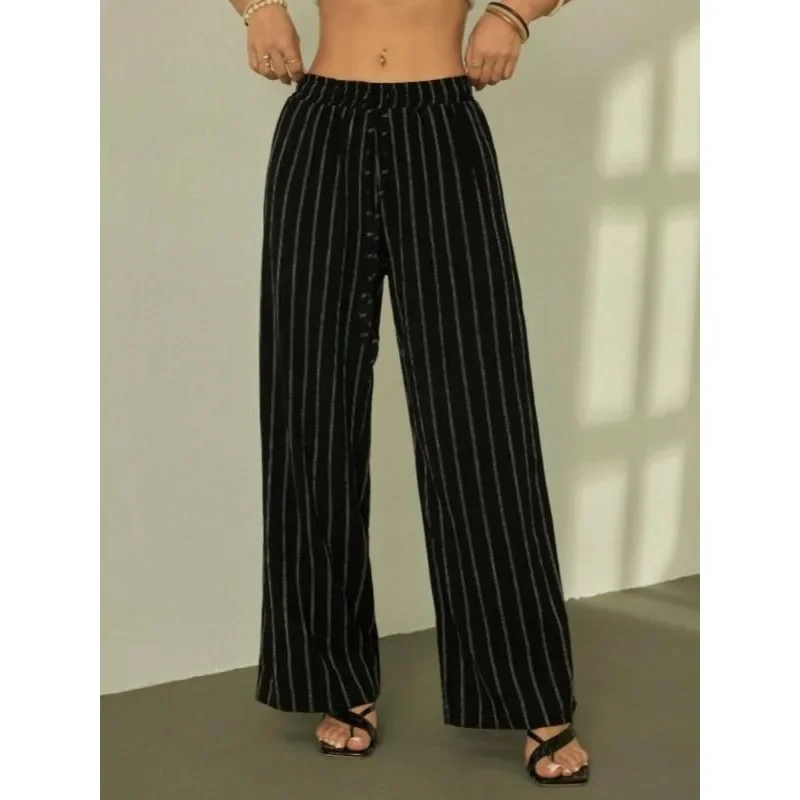 

Большие размеры 1XL-5XL, женские модные свободные широкие брюки в полоску в стиле ретро, женские повседневные брюки с высокой талией, утягивающие длинные брюки
