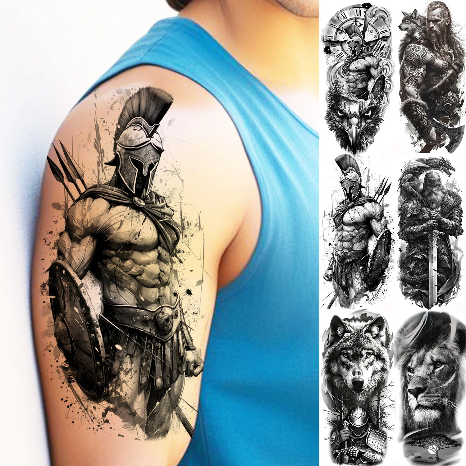 

1 Sheet Cool Warrior Gladiator Temporary Tattoos For Men Women Realistic Wolf Lion Waterproof Fake Tattoo Body Arm Art Sticker