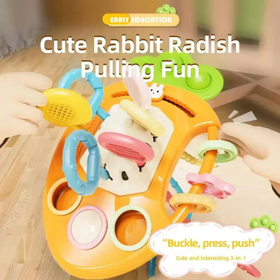 1 Uds.-Montessori juguetes de cuerda para tirar lindo conejo rábano bebés juguetes sensoriales mordedores desarrollo de habilidades motoras finas juguetes regalos para bebés