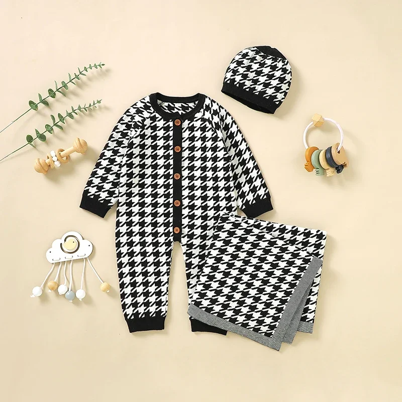 Baby Clothes Set Cotton Knit Infant Girl Boy Romper Long Sleeve +Blanket 100*80CM Newborn Jumpsuit +Quilt Houndstooth Soft Cover