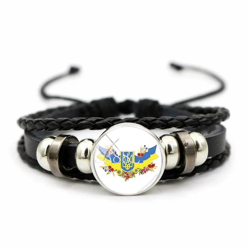 Popular Jewelry Glass Pendant Decorative Leather Bracelet Ukrainian Trident Tryzub Yellow Blue Flag - view 6