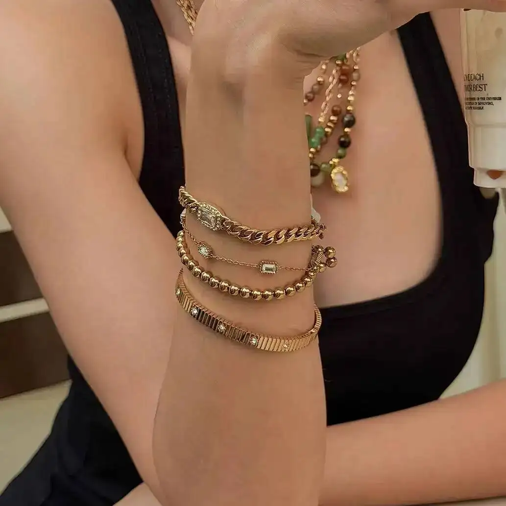 

KunJoe Exquisite 4Pcs Shiny Acrylic Drill Bangle Women Fashion 18K Gold Plated Stainless Steel Waterproof Bracelet Charm Jewelry