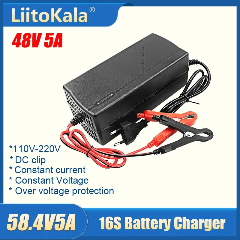 

LiitoKala 16S 58.4V 5A Charger 4amp For 48V LiFePO4 Outdoor Battery DC clip 110-240V