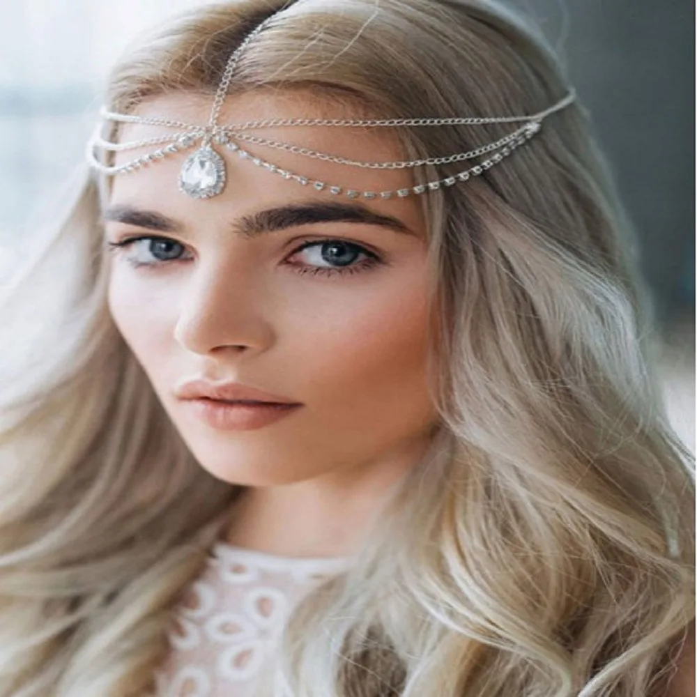 Boho Ethnic Style Crystal Hair Jewelry Head Chain with Drop Water Pendant Luxury Accessories for Women Baby Jewelry for Girls