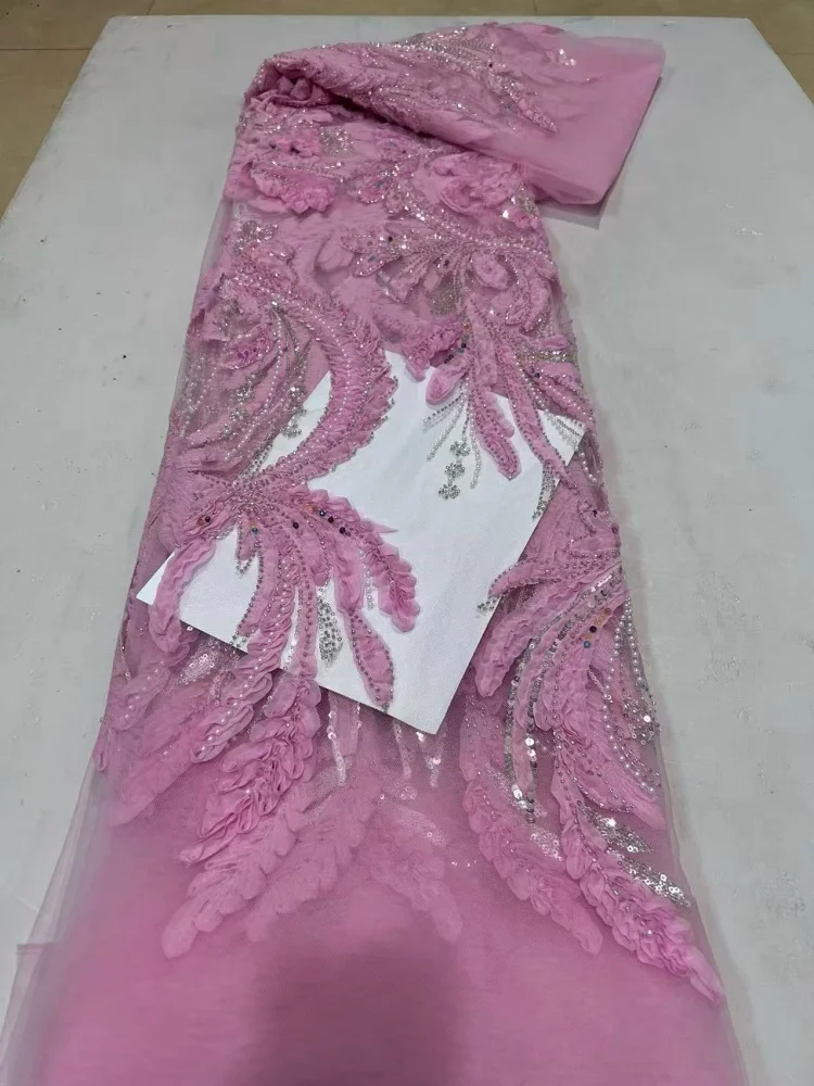 

French African Groom Lace Fabric Beaded High Quality Embroidery For Women Wedding Dress Nigerian Sequin Lace Fabric 5 Yards