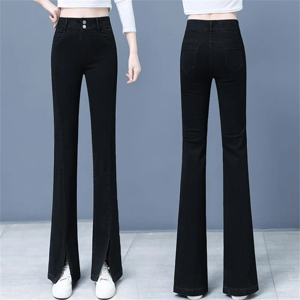 

Boyfriend Jeans Girls Elastic Waist Slim Fit Elegant Female Denim Trousers Bell Bottom Y2k Vintage Streetwear Flared Pants Women