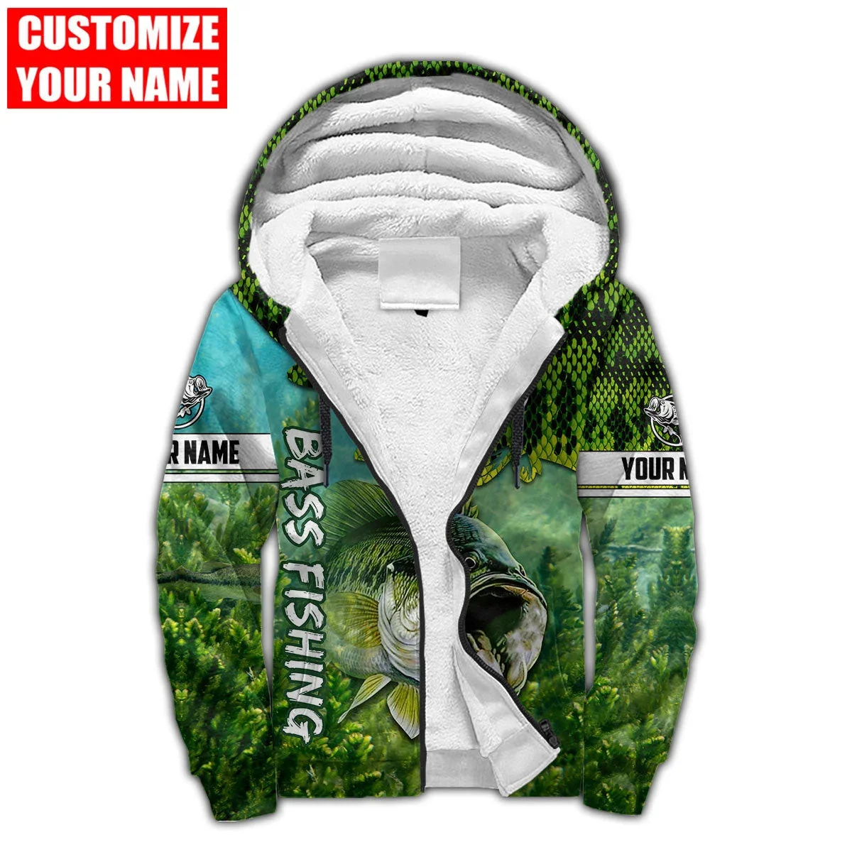 Personalized Name Bass Fishing 3D Printed Fashion Men's Fleece Zip Hoodie Unisex Casual Winter Thicker Warm zipped jacket JH20