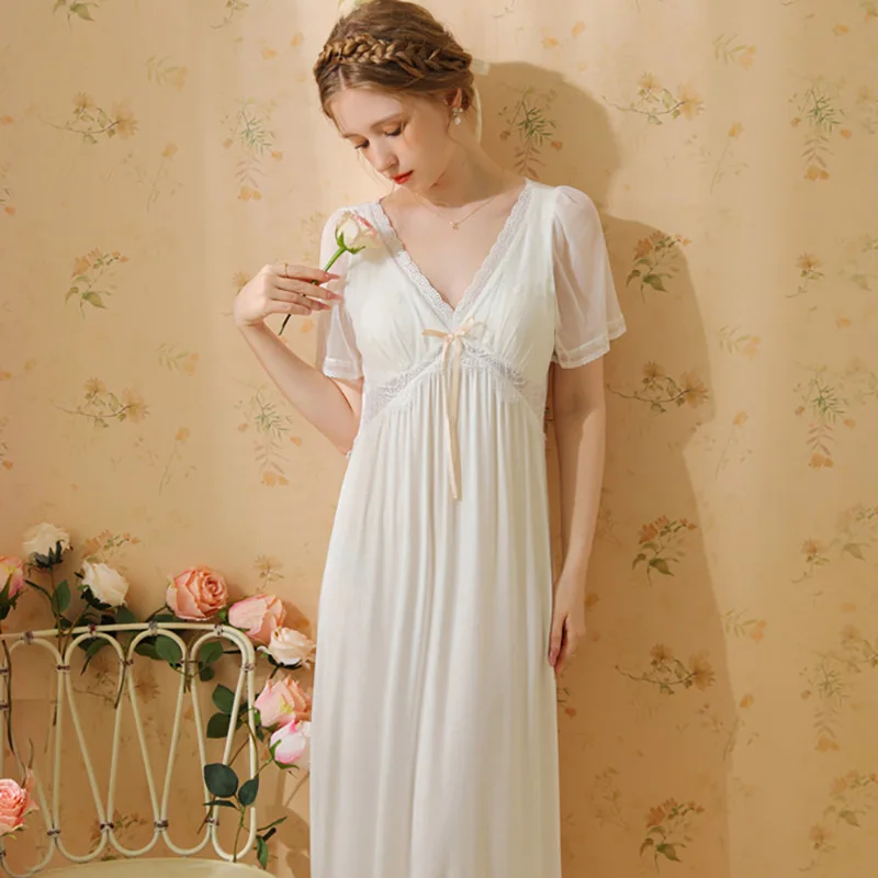 

Французская летняя ночная сорочка для девочек с коротким рукавом, кружевом, сексуальная, из чистой сетки, с V-образным вырезом, милая, с подушечками для груди