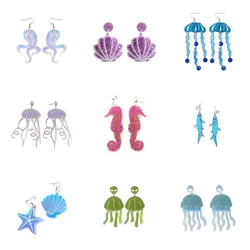 Marine Animal Earrings Acrylic For Women Shell Jellyfish Shark Sea Horse Long Fashion Party Jewelry Night Club