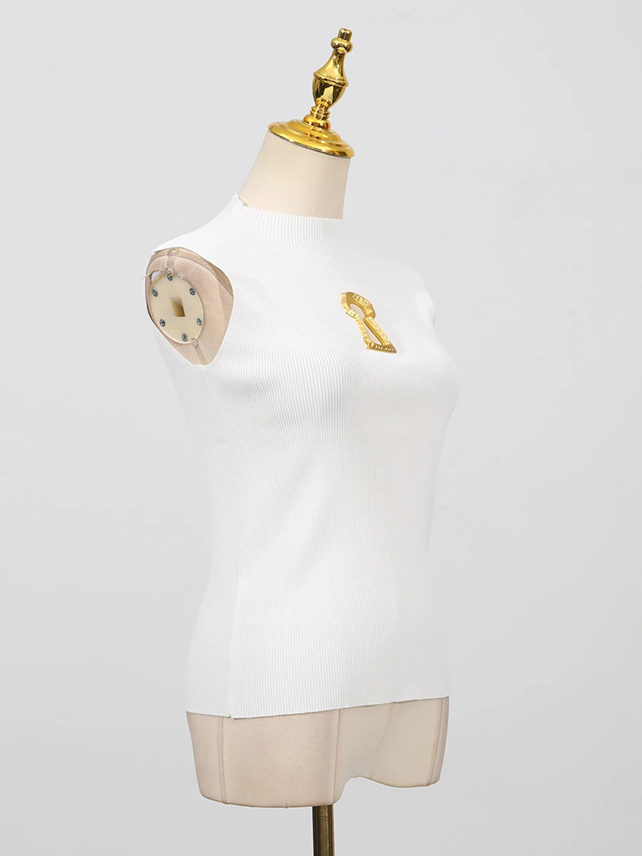 VGH อเมริกัน Casual Spliced Hollow Out สําหรับผู้หญิงยืนคอแขนกุด Slimming Minimalist Tank Top เสื้อผ้าหญิงใหม่