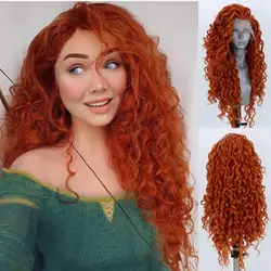 AIMEYA Orange Long Curly Lace Wig Cosplay Wig Halloween Synthetic Long Hair Role Play Wig for Women Girls Lace Front Wig