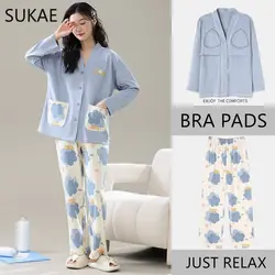 SUKAE Spring New Chest Padded Women Sleepwear Casual Kimono V-neck Long Sleeve Cardigan Mujer Floral Pajama Set M-3XL Loungewear