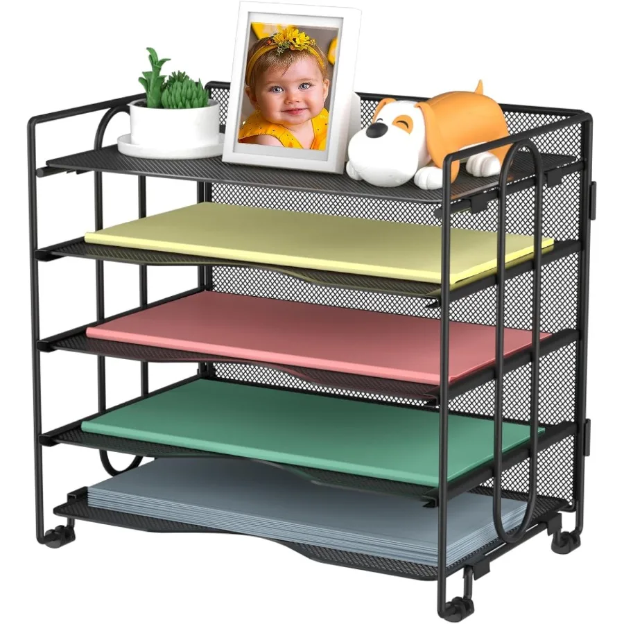 5-Tier Black Mesh Stackable Paper Organizer with Adjustable Letter Tray for Home Office Ideal for Document Storage and Sorting