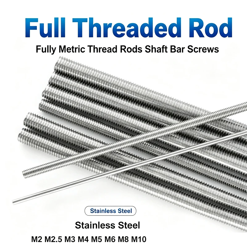 304 Stainless Steel Fully Threaded Rods, M2-M12 Metric Full Threaded Bars, 16-500mm Length Stud Bolts for Machinery, Furniture