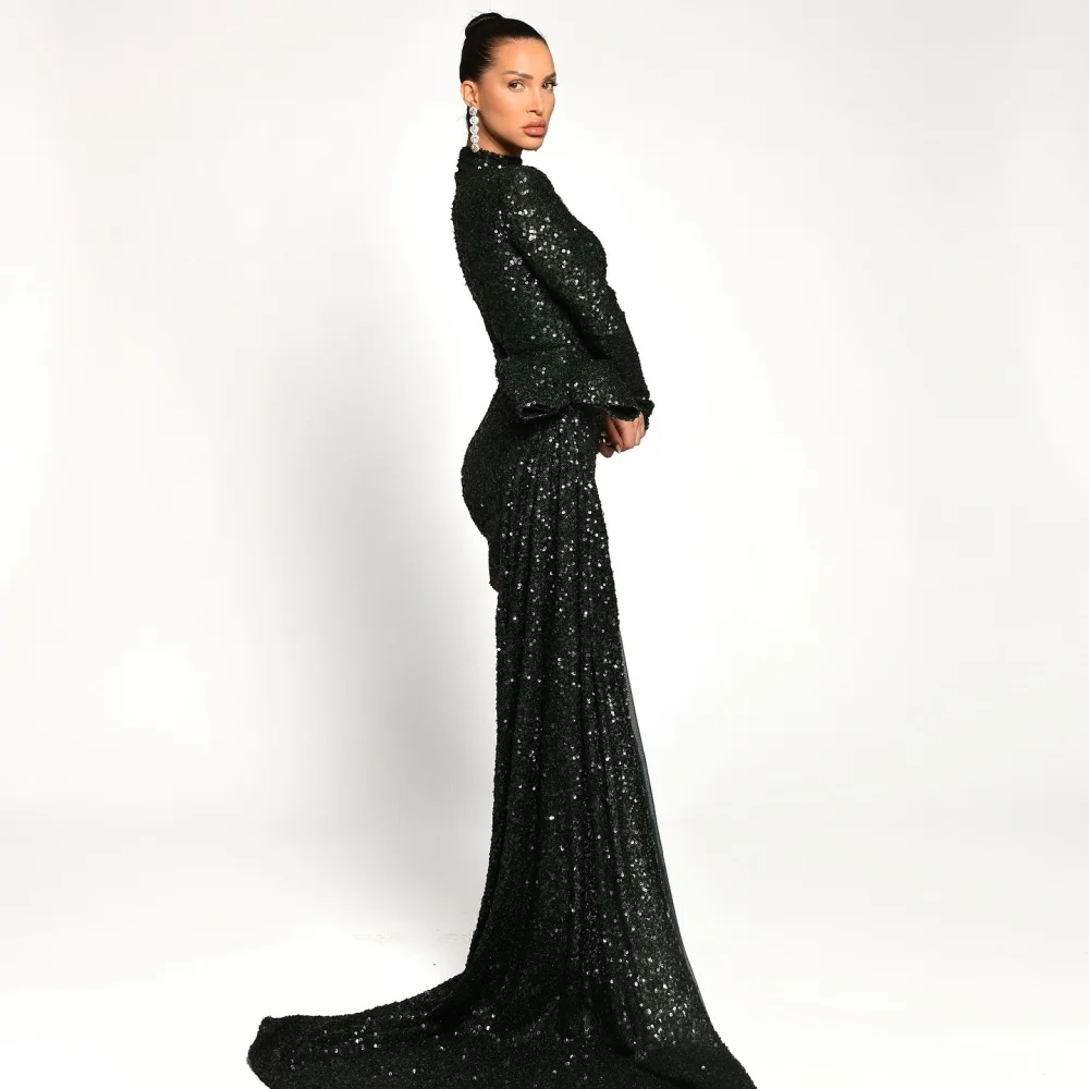 Sansa เงา A-Line เลื่อมชุดราตรีที่กําหนดเองเข่า-ความยาว Bow Trail ชุดแต่งงานคอสูงแขนยาว Vestidos De Fiesta