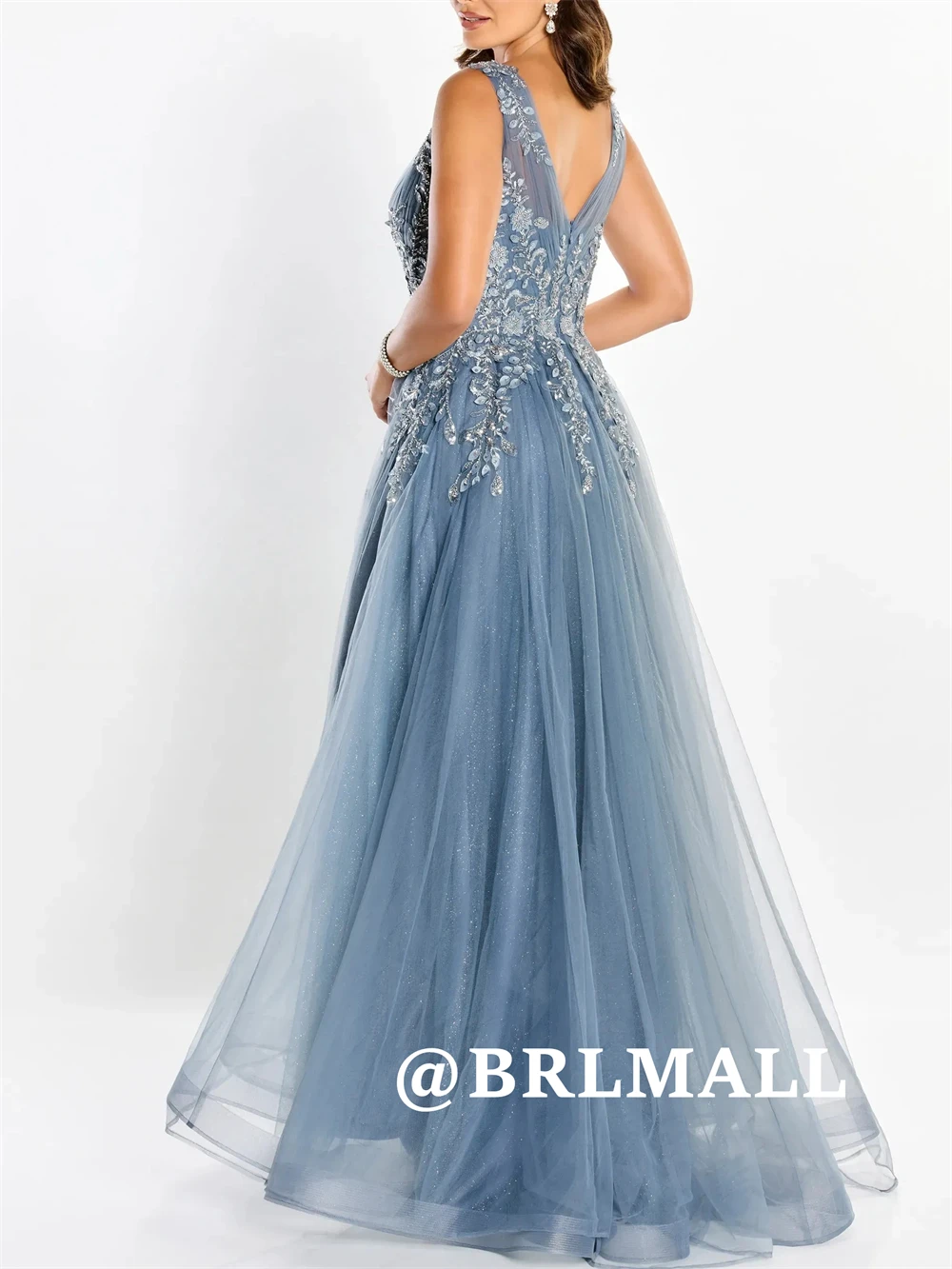 BRLMALL 스파클 Tulle 웨딩 파티 드레스 여성용 긴 a 라인 탱크 슬리브 Prm 드레스 저녁 공식 행사 가운