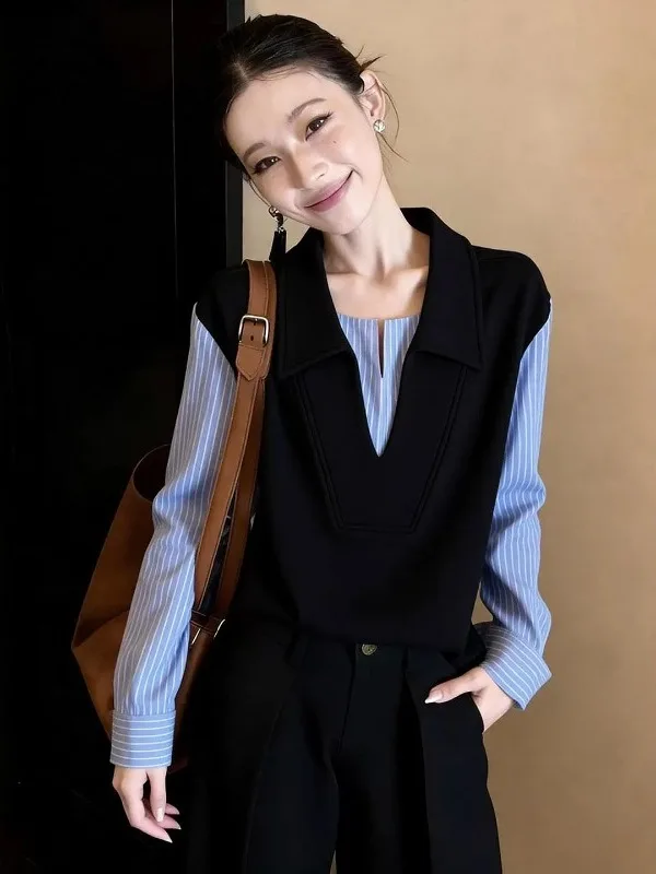 

Elegant Long Sleeve Shirt Women's Fashion Korean Style Commute Wind Loose Fit round Neck Striped Pattern Spring Summer New