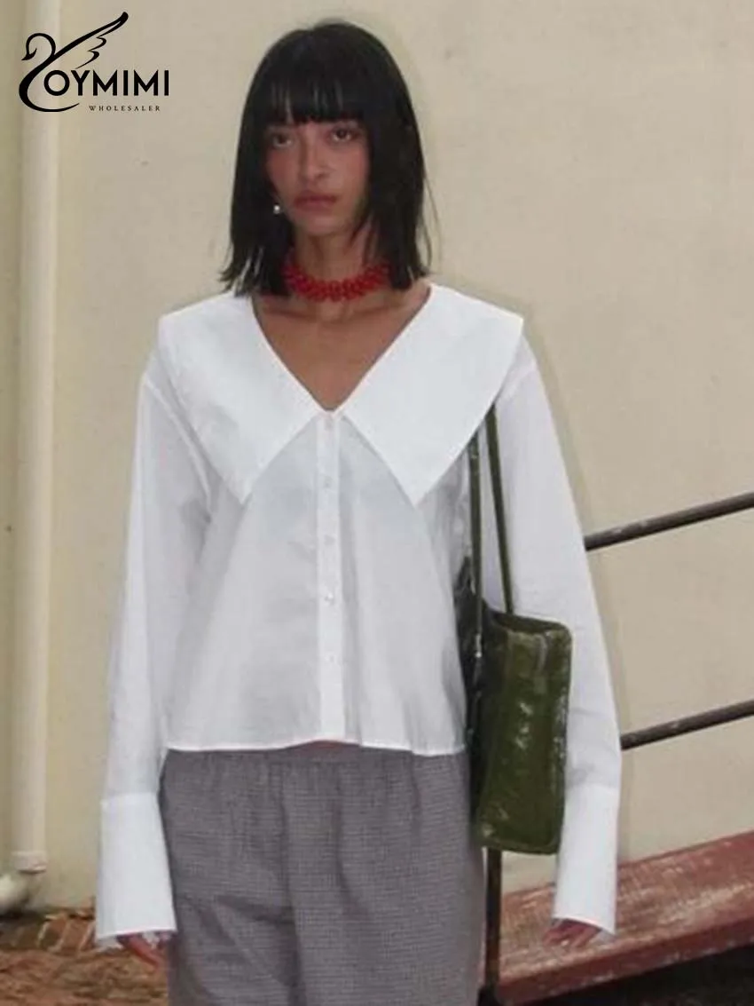 

Oymimi Women's White Large Collar Blouse 2026 Spring V-Neck Long Sleeve Button Front Loose Fit Casual Daily Trendy Fashion Wear