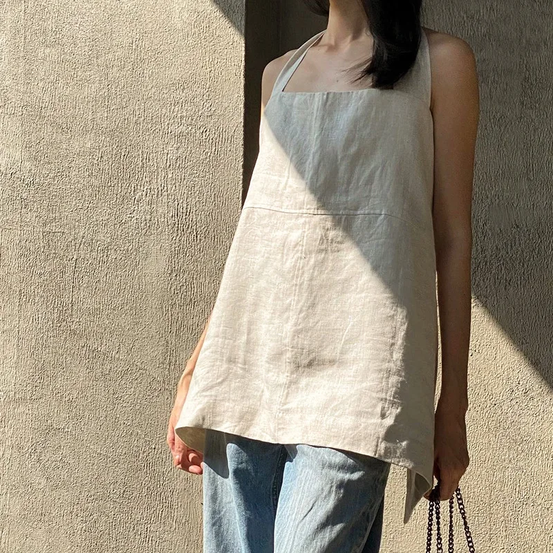 

Fashion 100% Linen Halter Top Bandage Summer Women Sleeveless Backless Holiday Beach White Tops Streetwear Casual Female Vest