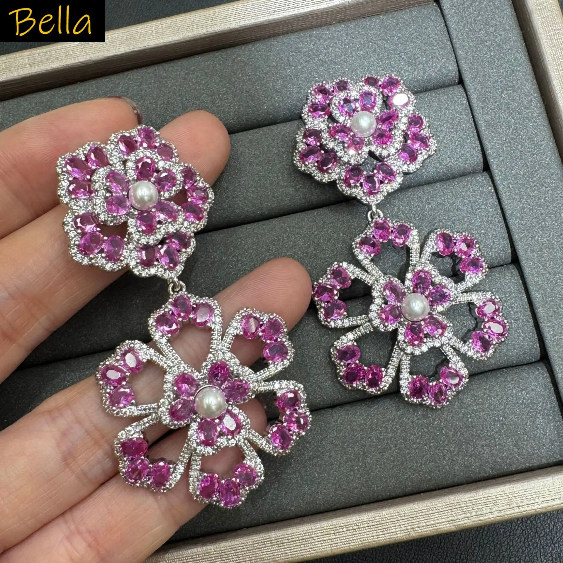 

multicolor Cubic Zirconia Flower Drop Earrings gala event Floral Dangle Statement Earrings for Women wedding Party Jewelry