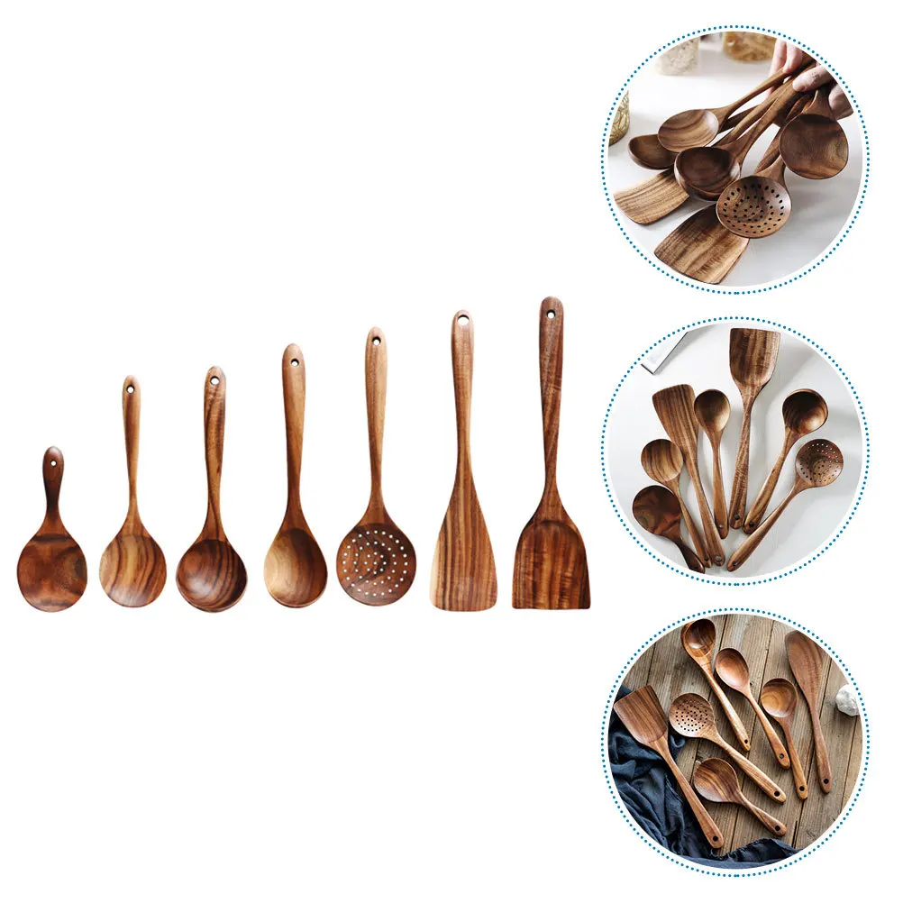 

Wood Spoon Set Natural Wood Kitchen Utensils Kit Essential Cooking Tools Stirring Serving Nonstick Cookware Multi Functional