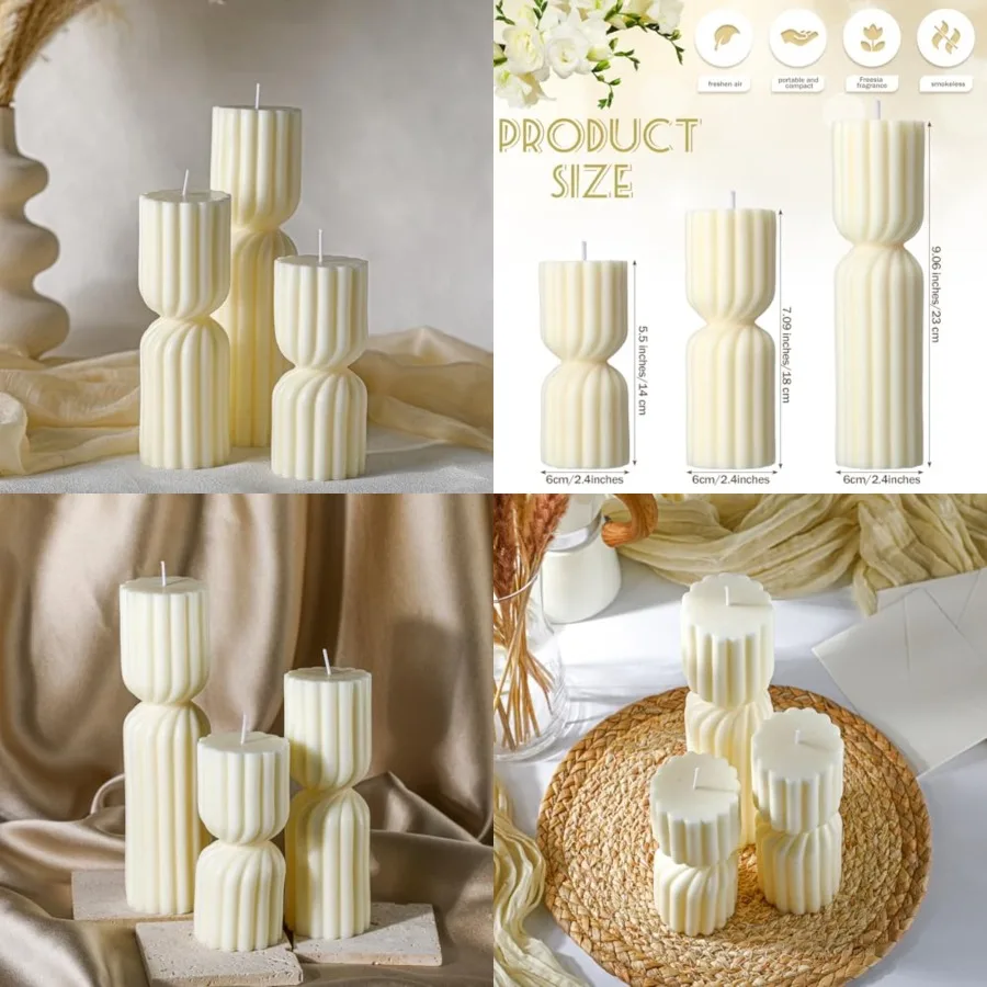 

Ribbed Pillar Candles Set of 3 Width 2.4" High 5.5" 7" 9" Handmade Scented Soy Wax Candle Natural Aesthetic Candles Housewarmin