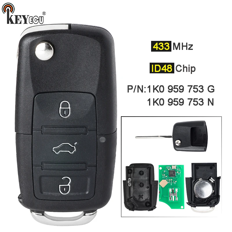 KEYECU 434MHz ID48 Chip 1K0 959 753 G / 1K0 959 753 N Flip 3 Button Remote Key Fob for Volkswagen, for Skoda, for Seat