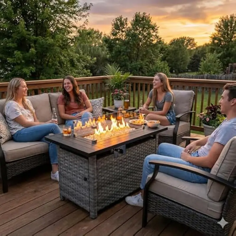 44 Inch Rectangular Outdoor Fire Pit Table Featuring Windproof Glass Shield Auto Ignition System Liquefied Petroleum Gas Powered