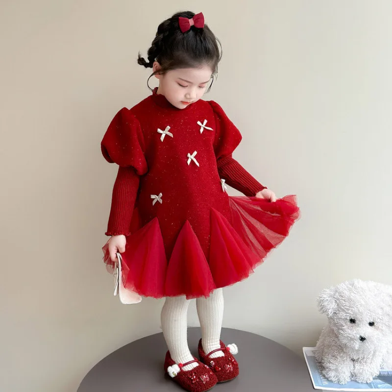 

Girls' Fleece-Lined Bowknot Christmas Dress Set Winter2025New style princess dress for little girls