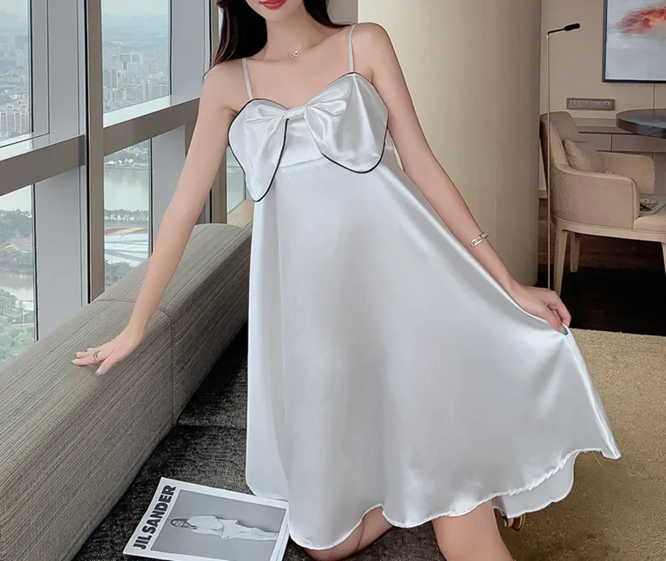 Домашняя одежда для беременных, женская ночная рубашка, подтяжки, спальное платье из ледяного шелка, однотонная пижама с открытой спиной, тонкий бант, подарки, домашняя одежда