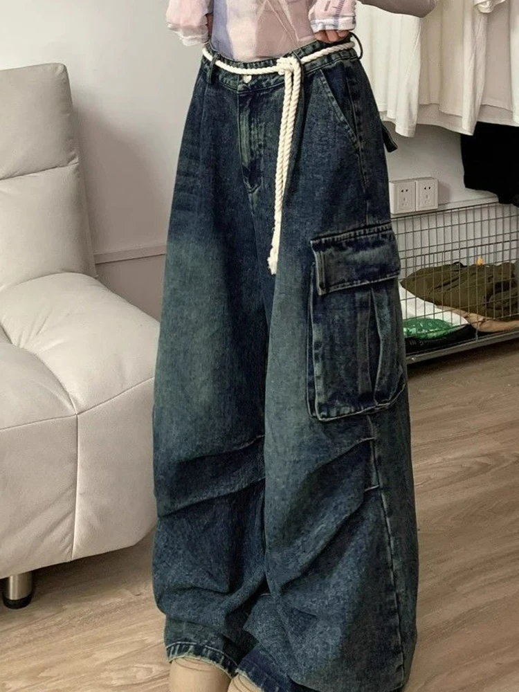 

Korean Unisex Vintage Cargo Jeans Oversized Loose Fit Wide Leg Denim Pants for Men Women Streetwear Fashion Winter Trousers