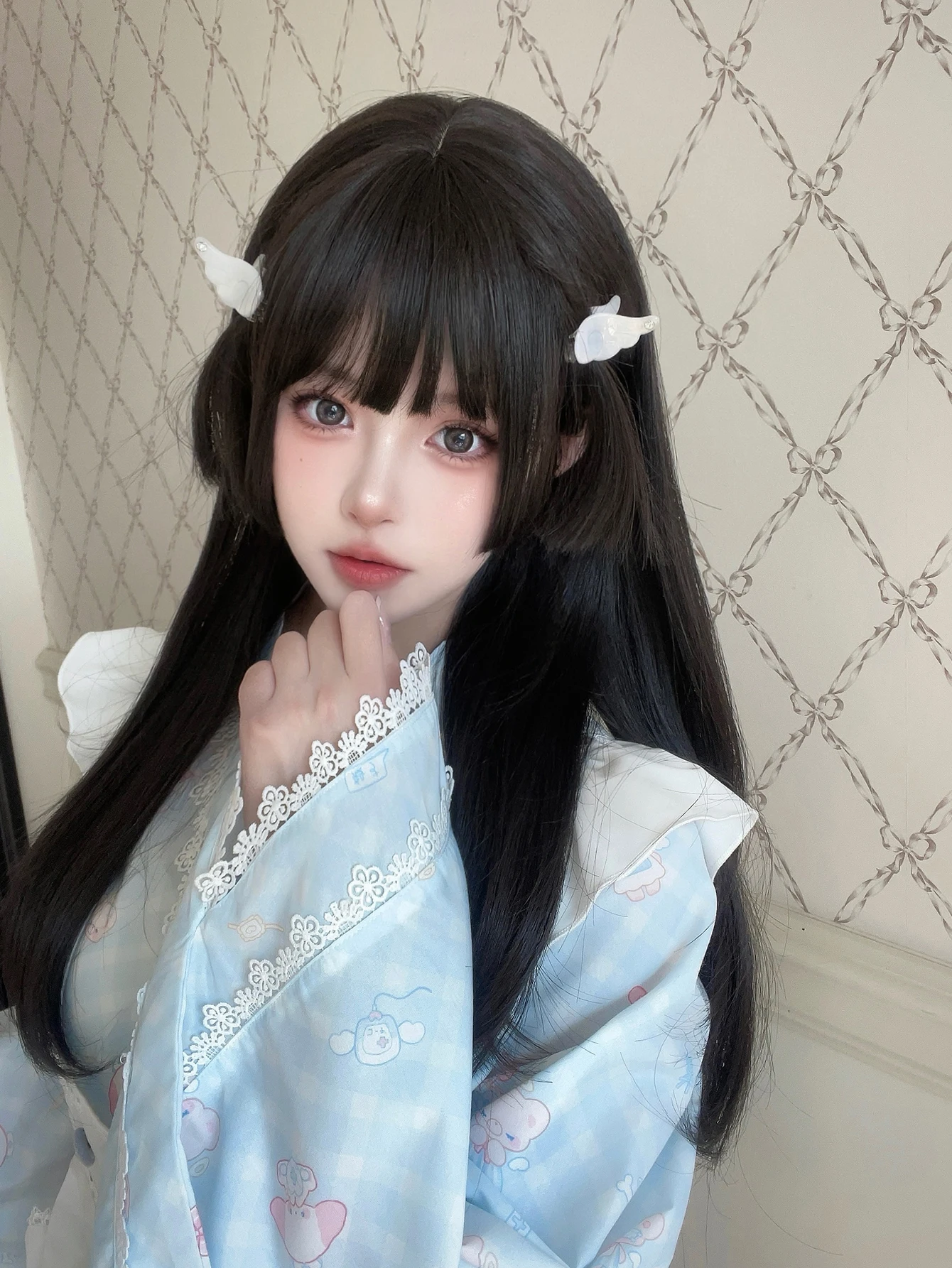 22Inch Black Lolita Hime Cut Synthetic Wigs with Bang Long Natural Straight Hair Wig for Women Daily Use Cosplay Heat Resistant