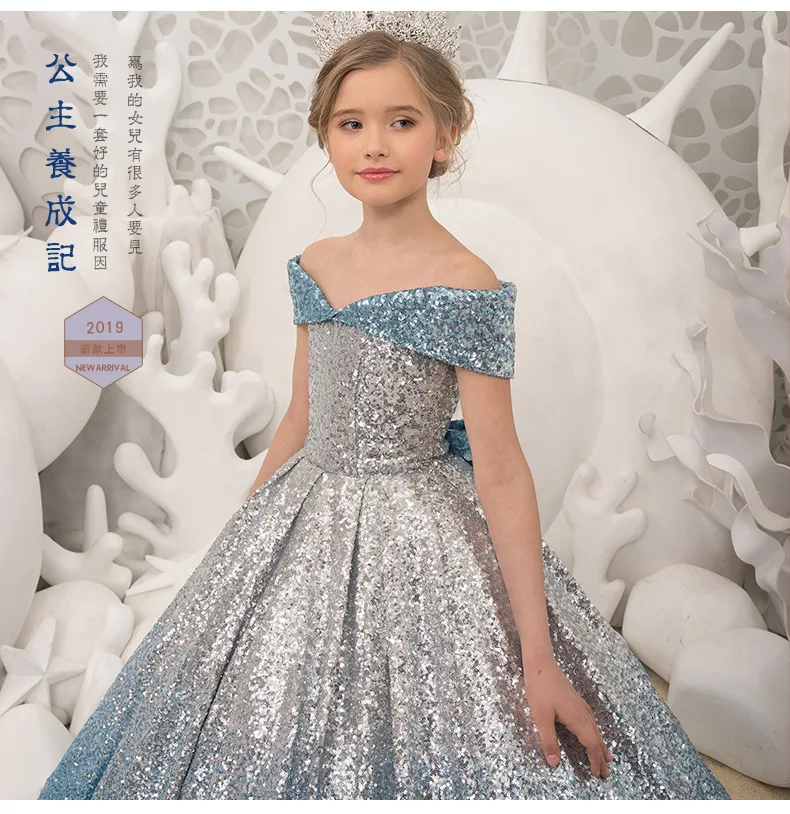 Toddler Girls Sparkle Sequin Gown Little Girls Off Shoudler Elegant Banquet Pageant Dress Kids Cocktail Puffy Long Dress Bow