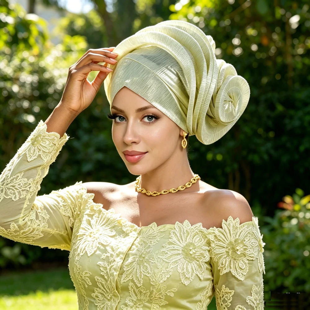 

Ladies Shiny Headwrap Auto Gele Headtie African Nigeria Wedding Turban Cap Party Headgear Soft Casual Daily Elegant Headwear