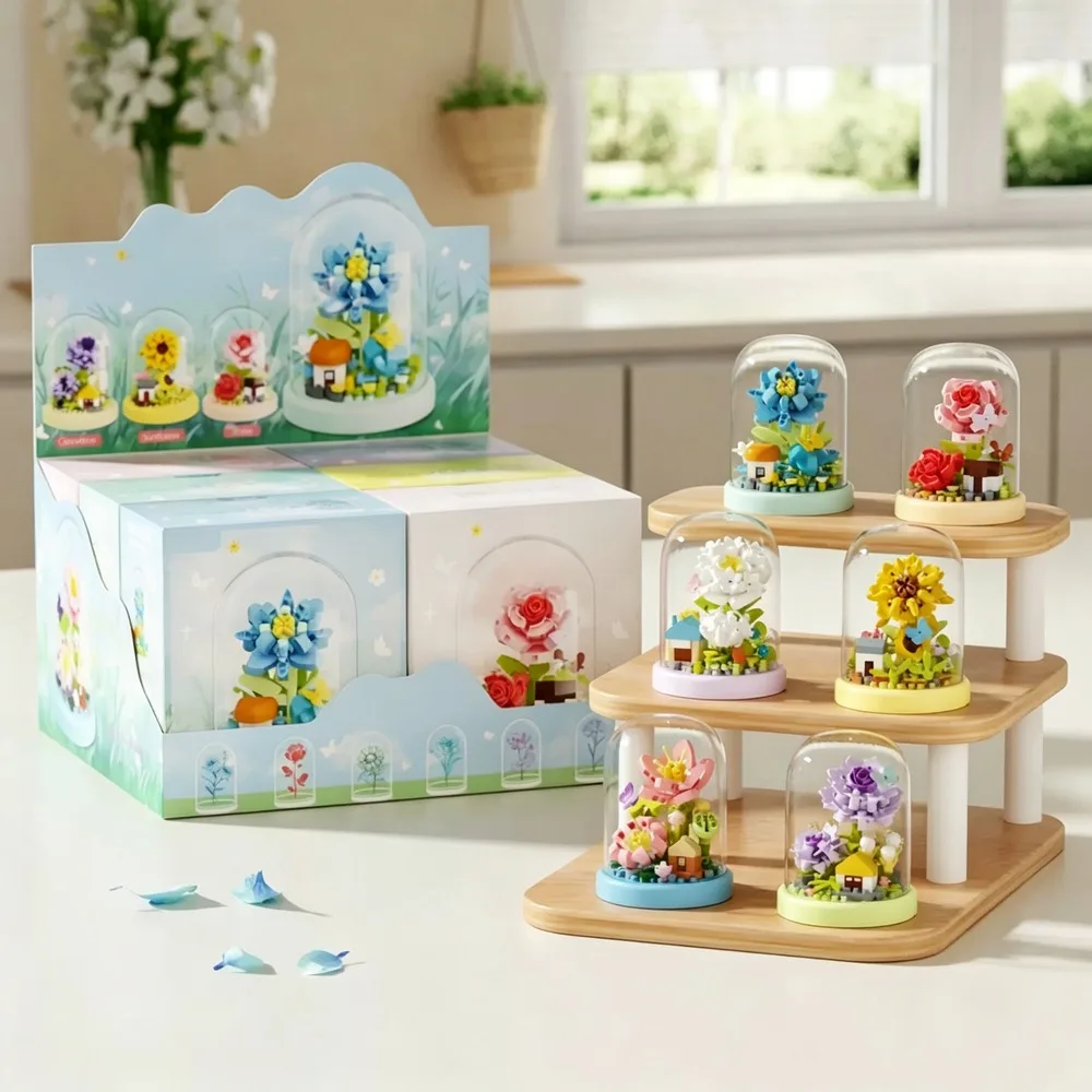 New Preserved Floral Bouquet Building Blocks Potted Rose Model DIY Assembly Desktop Tabletop Ornament Decor Collectible Gift