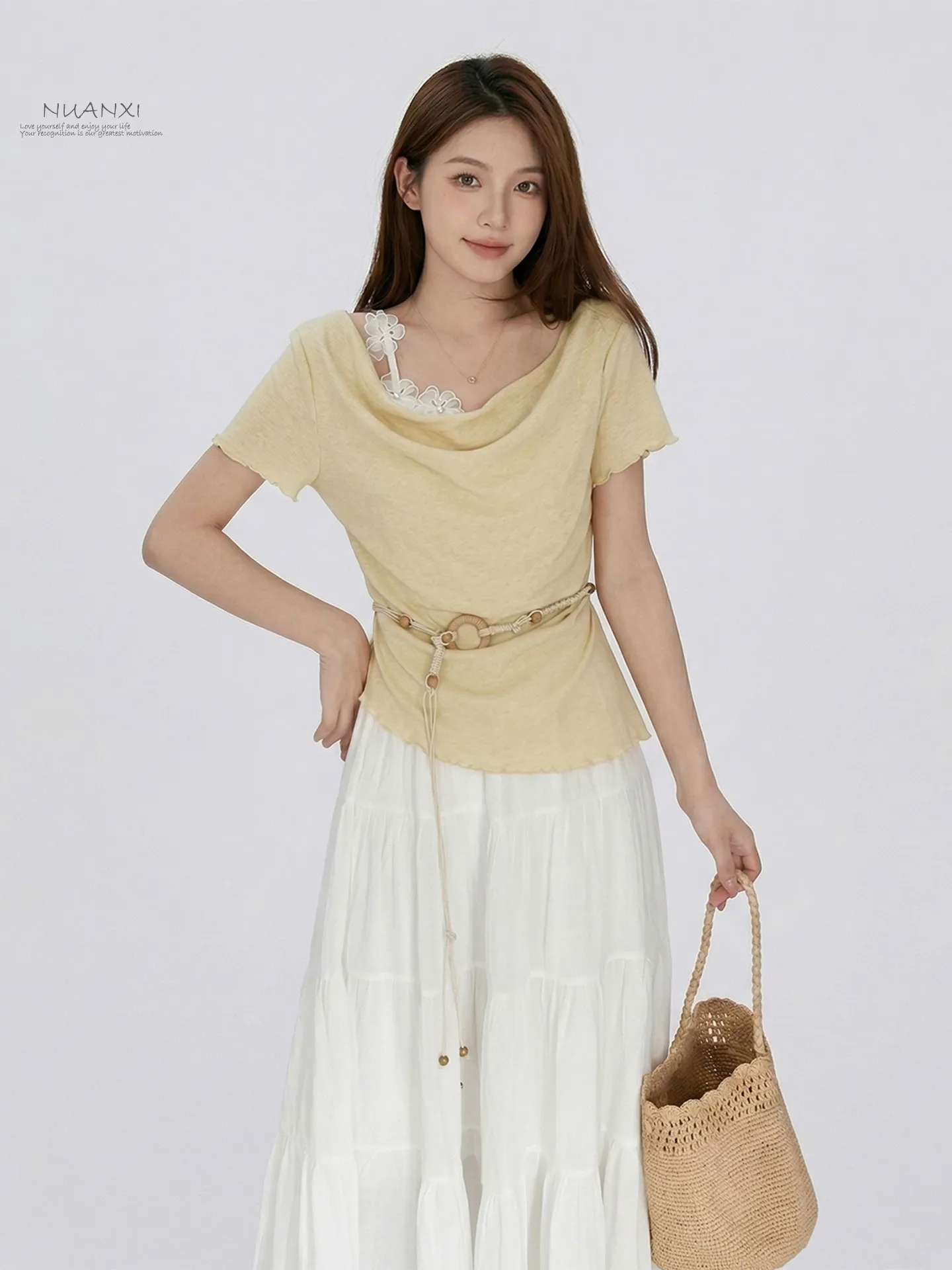 

Nuanxi 2026 Gentle Breeze Knitwear White Half Skirt Women Summer Elegance Two-Piece Set Short Sleeve Turn-Down Collar Spring ...