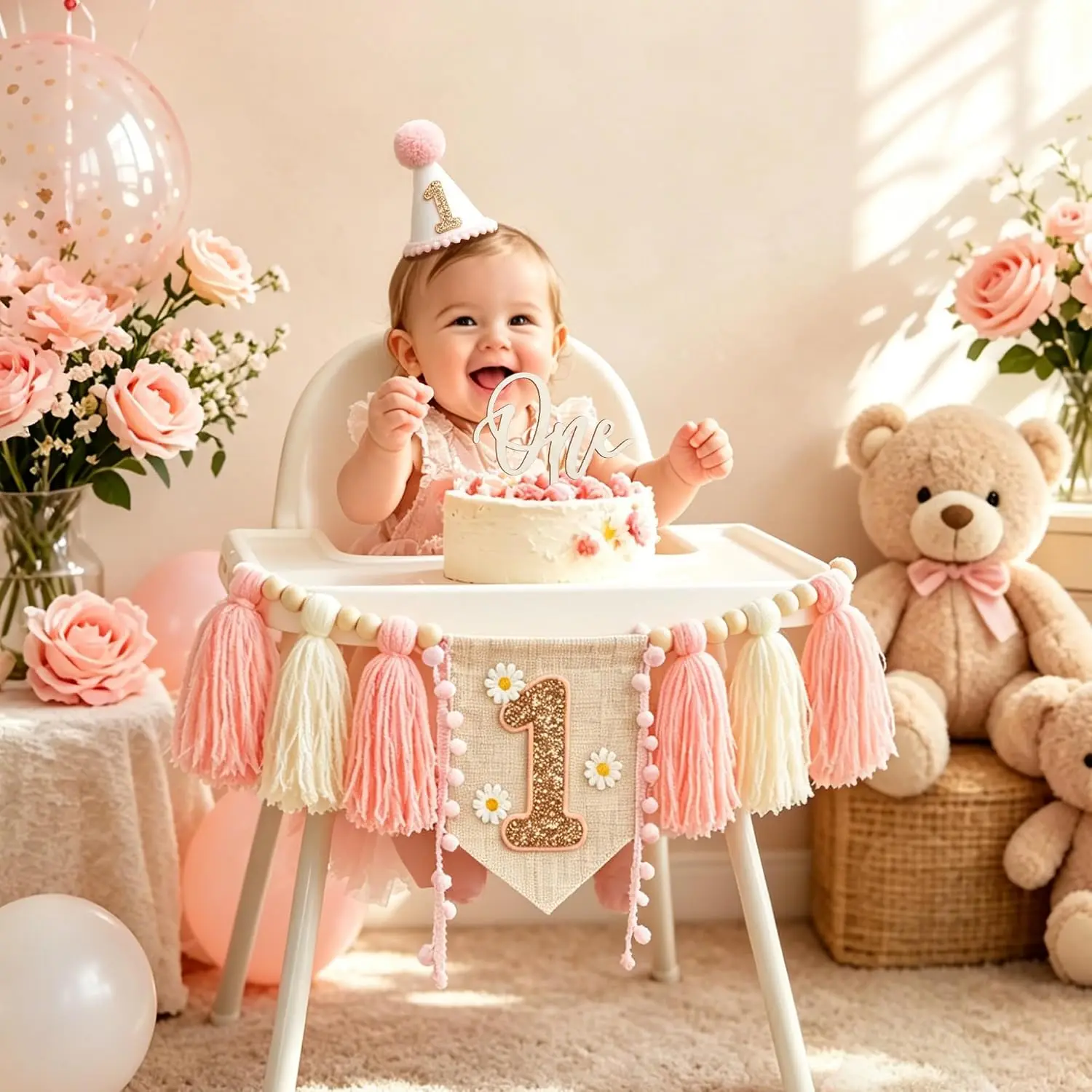 Boho Daisy Pink 1st Birthday Decorations Girl High Chair Banner with One Cake Topper 1st Birthday Hat Photoshoot Props