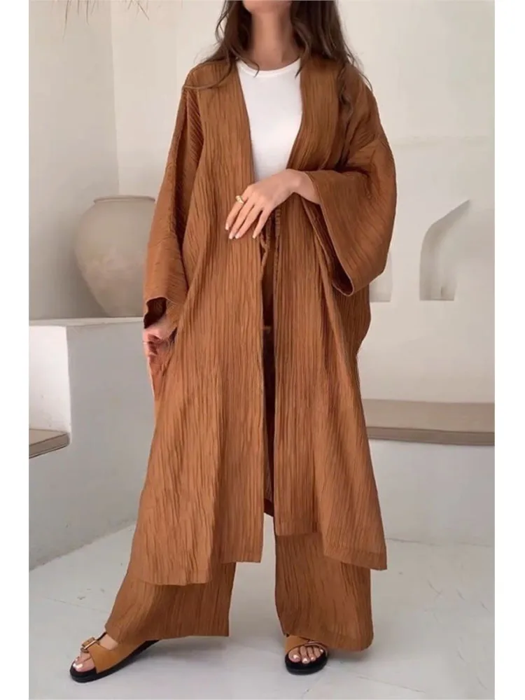Autumn Solid Pleated Texture Top +Straight Pants Two-Piece Sets Women Loose Long Cardigan 2Piece Set Casual Lady Loose Suits