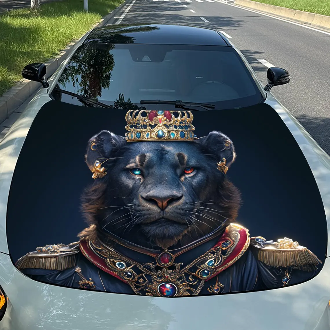 

Black Lion Monarch Car Vinyl Wrap, PVC Waterproof Car Hood Sticker, Self-Adhesive Scratch-Resistant Stickers for Engine Cover, C