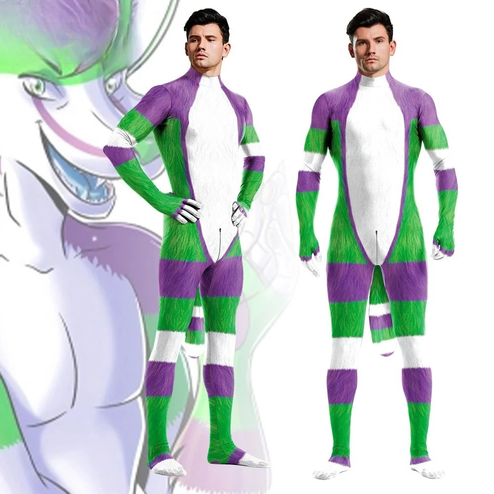 

Anime Cosplay Bodysuit - Purple & Green Striped Full-Body Suit, Custom Fandom Role-Play Costume for Cosplay Events