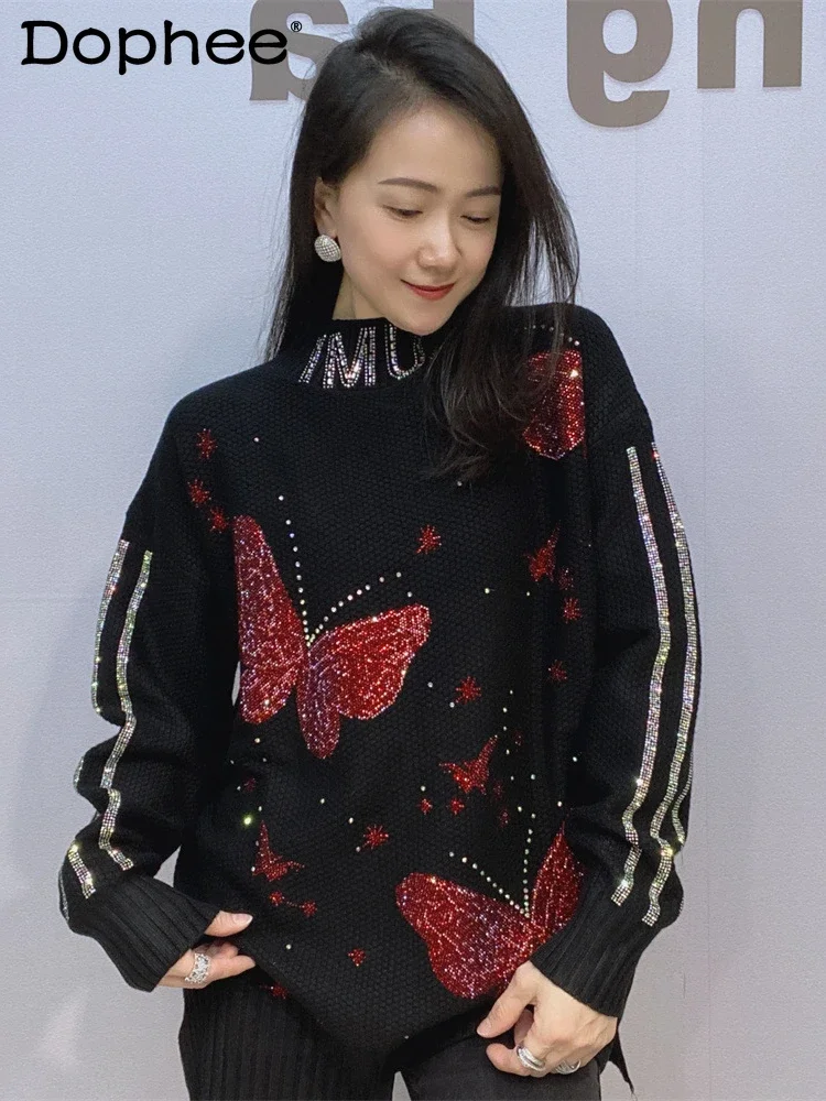 

Stand-Up Neck Sweater Women Long Sleeve Fashion Loose Hot Diamond Semi-Turtleneck Red Butterfly Long Sleeve Knitted Sweater Top